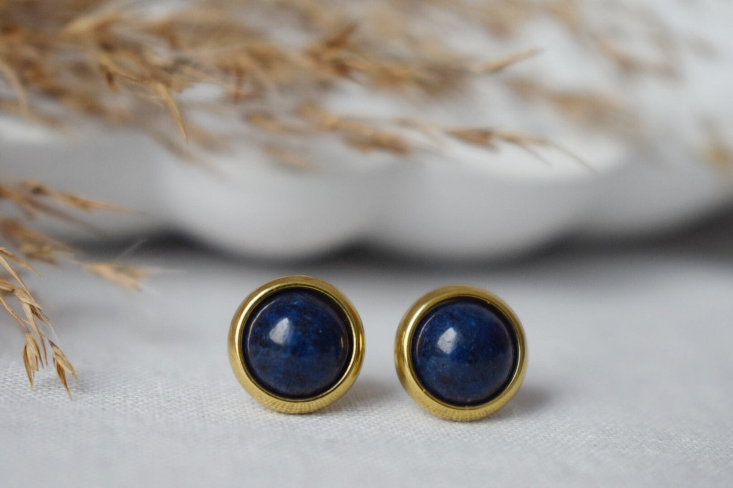 Lapis Stud Earrings Gold, Small Blue Lapis Earrings, Round, Minimalist, 8mm, Lapis Lazuli Jewelry, September Birthstone, Handmade Jewelry