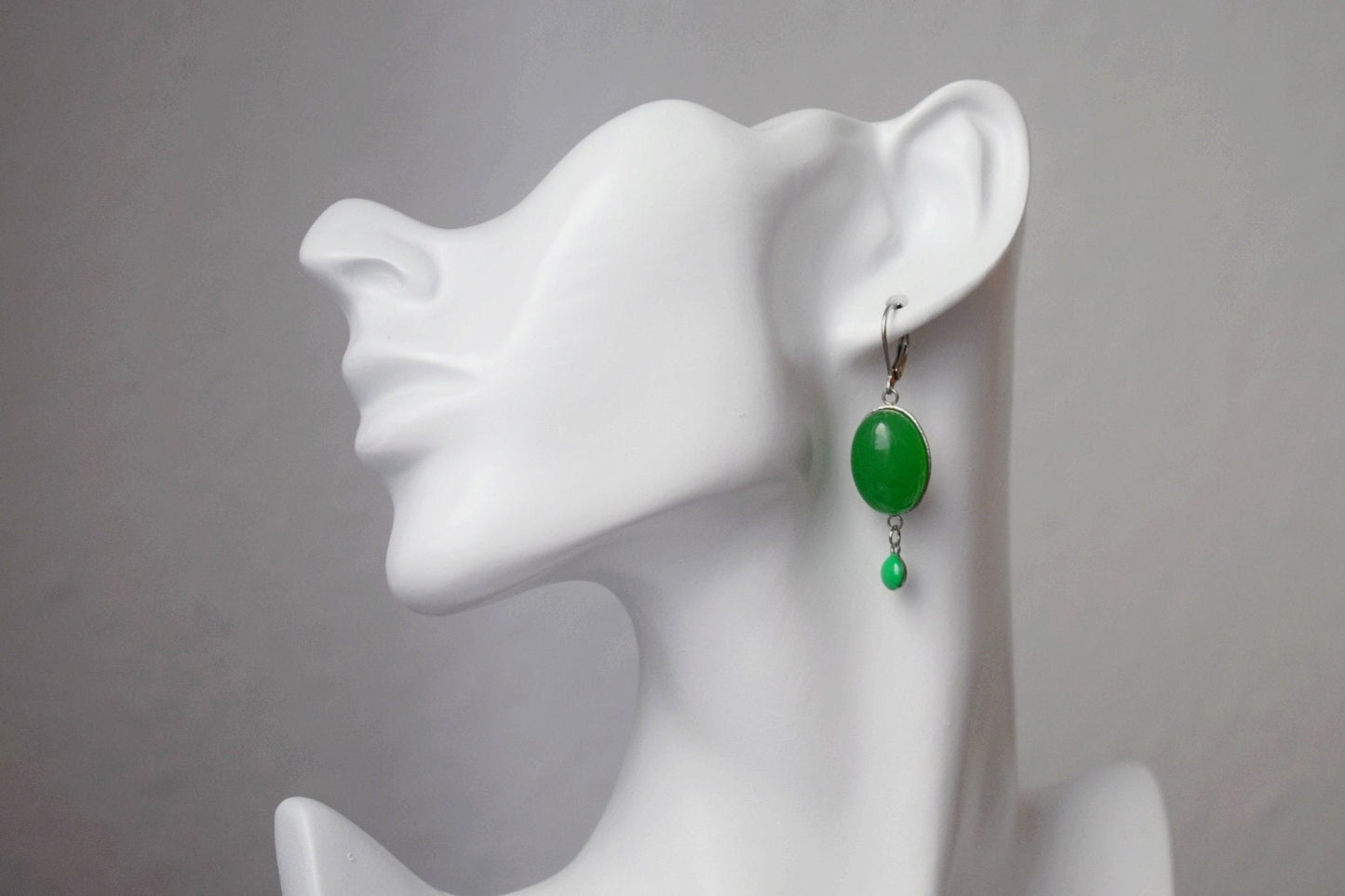 Green jade dangle earrings, Oval gemstone huggie hoops, Enamel pendant hanging earrings, Handmade boho jewelry, Best christmas gift for her