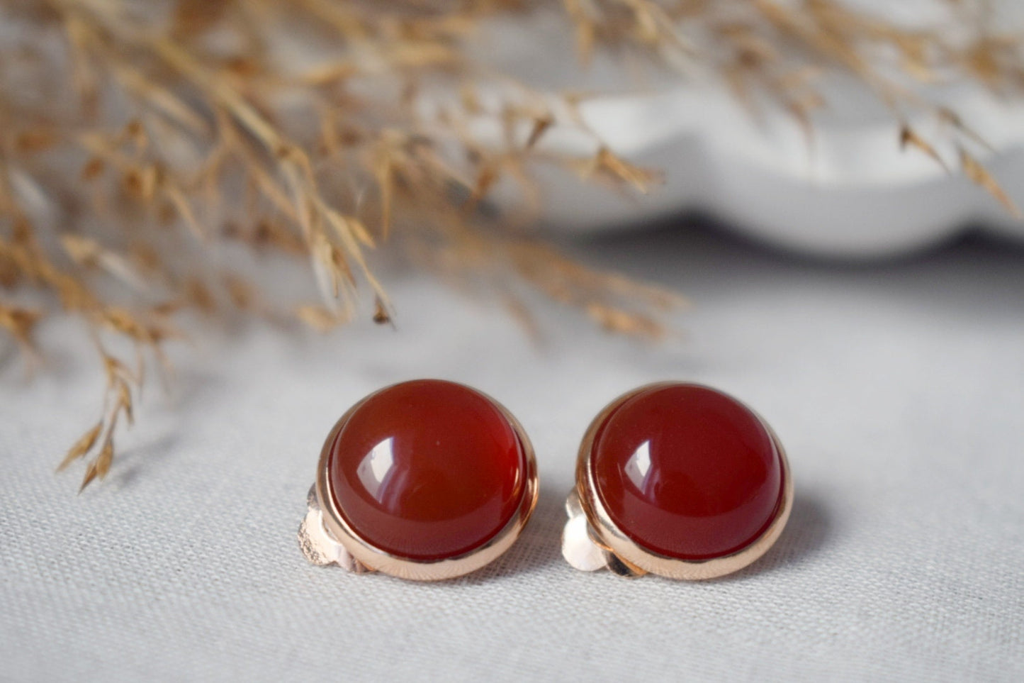 Red agate clip on earrings, Small Rose gold no hole earrings, Gemstone non pierced earrings women, Minimalist Bridesmaid Jewelry Gift