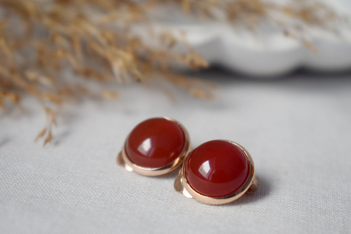Red agate clip on earrings, Small Rose gold no hole earrings, Gemstone non pierced earrings women, Minimalist Bridesmaid Jewelry Gift
