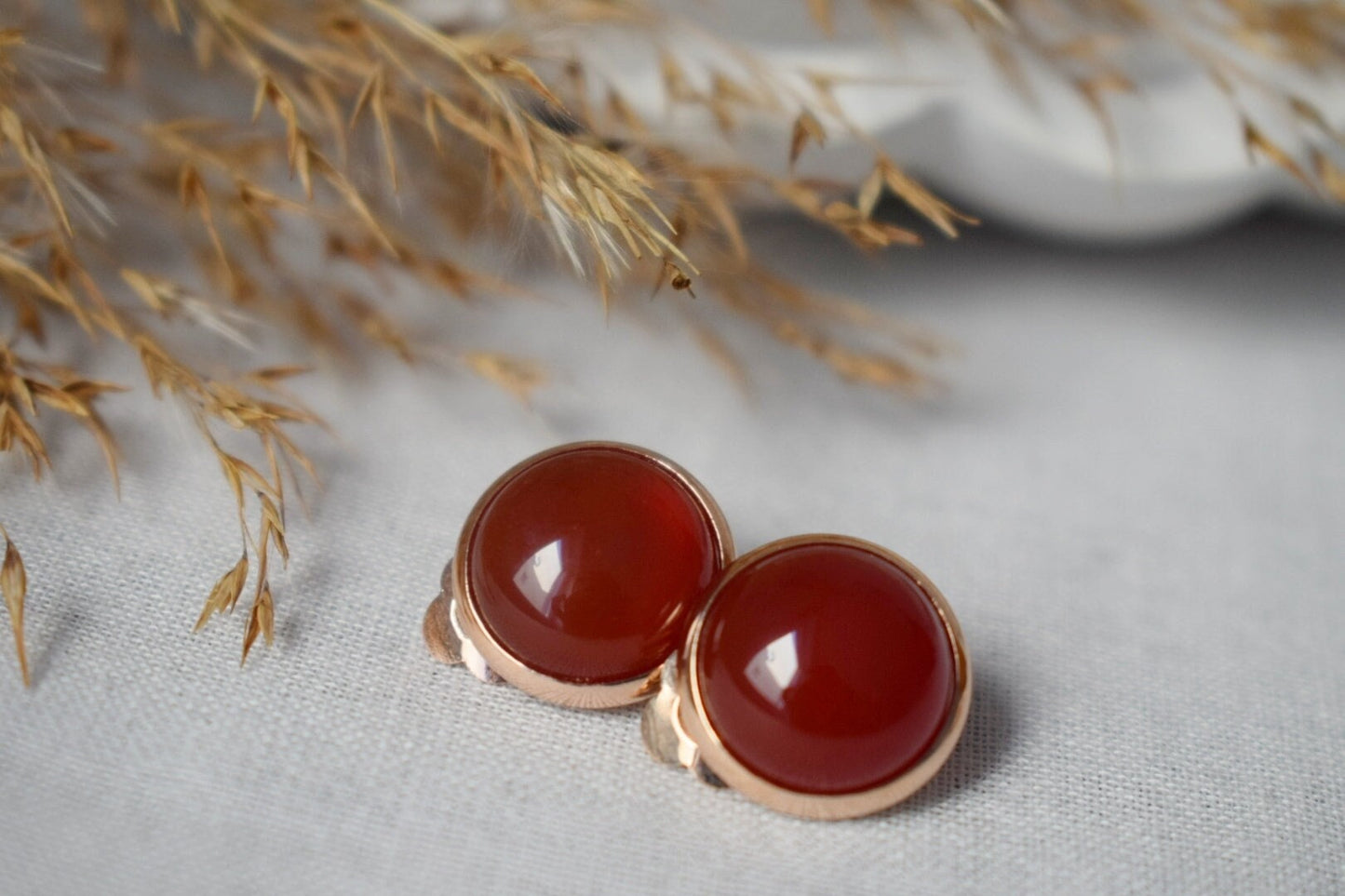 Red agate clip on earrings, Small Rose gold no hole earrings, Gemstone non pierced earrings women, Minimalist Bridesmaid Jewelry Gift