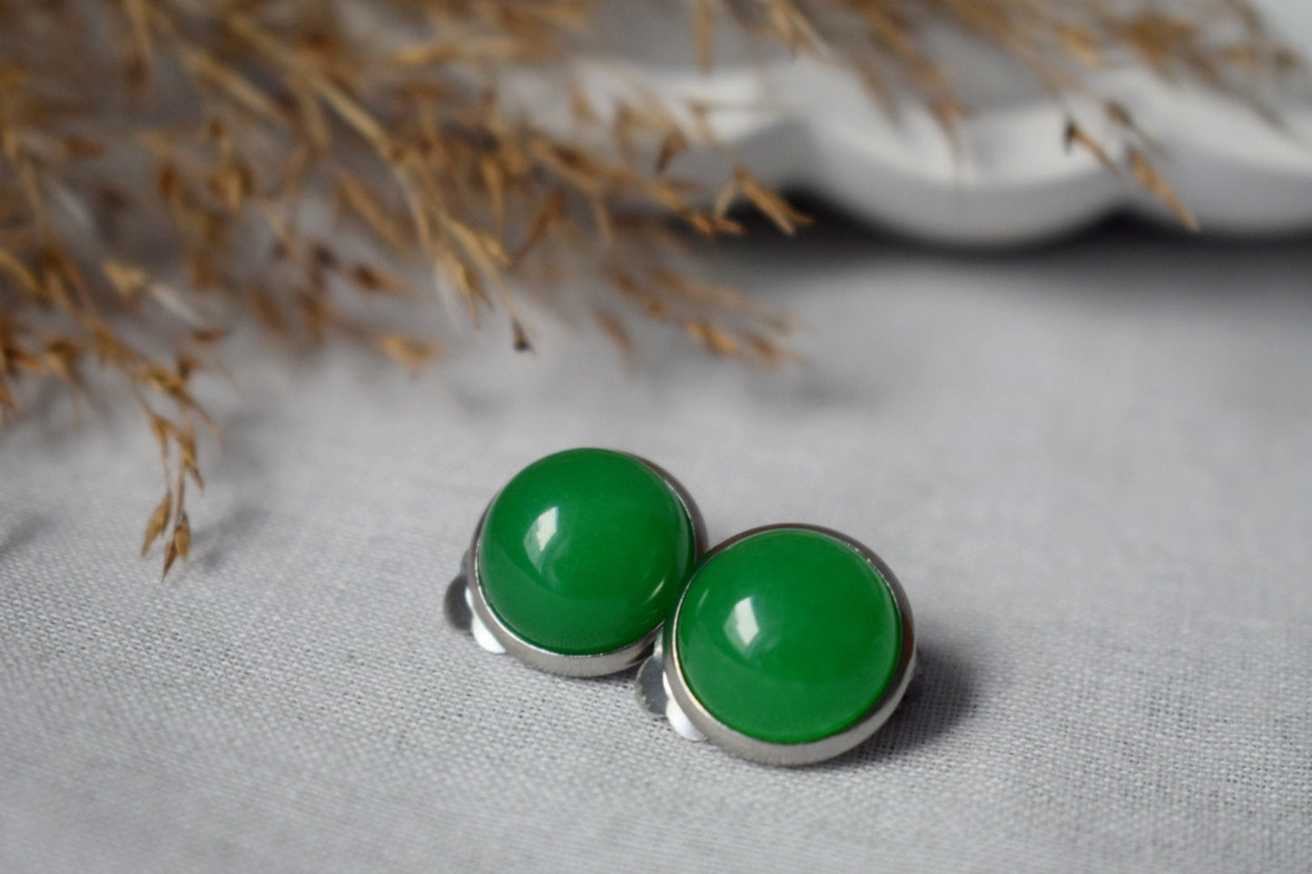 Green jade clip on earrings, 10mm Gemstone ear clips, Surgical stainless steel, Round no hole earrings, Non pierced earrings, Jewelry gift