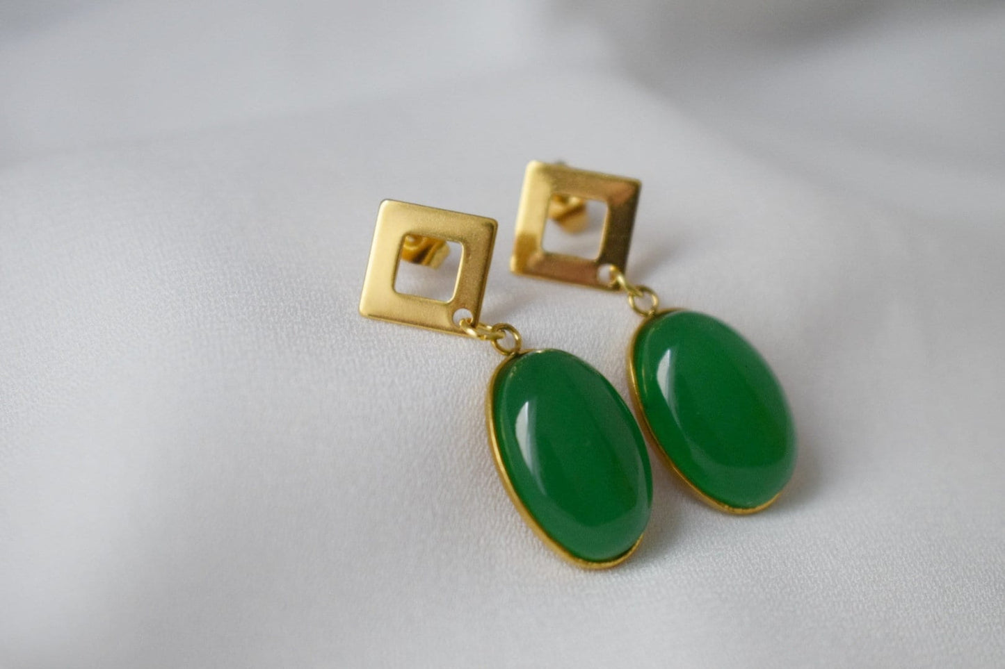Green jade stud earrings dangle, Oval gemstone earrings, Green gold earrings, Boho statement earrings, Handmade jewelry, Gift for her