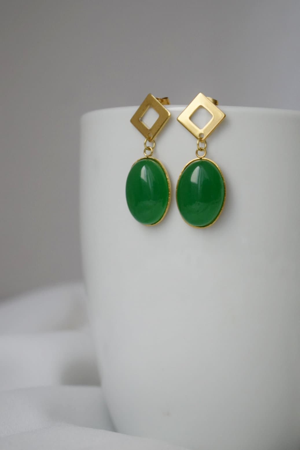 Green jade stud earrings dangle, Oval gemstone earrings, Green gold earrings, Boho statement earrings, Handmade jewelry, Gift for her