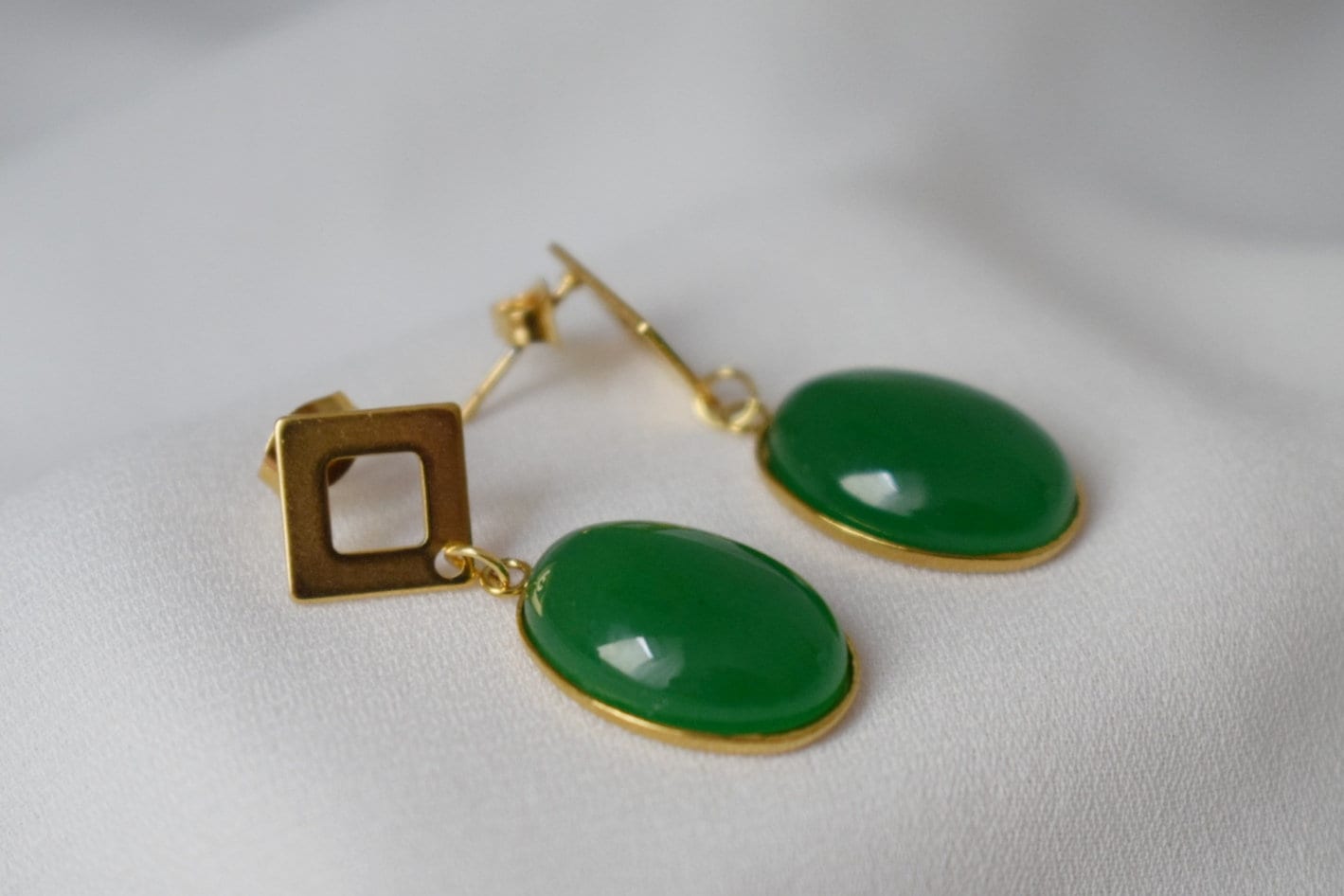 Green jade stud earrings dangle, Oval gemstone earrings, Green gold earrings, Boho statement earrings, Handmade jewelry, Gift for her