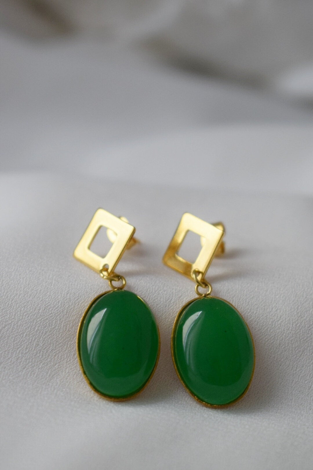 Green jade stud earrings dangle, Oval gemstone earrings, Green gold earrings, Boho statement earrings, Handmade jewelry, Gift for her