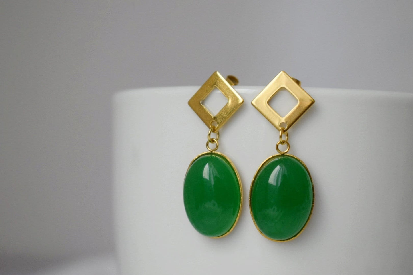 Green jade stud earrings dangle, Oval gemstone earrings, Green gold earrings, Boho statement earrings, Handmade jewelry, Gift for her