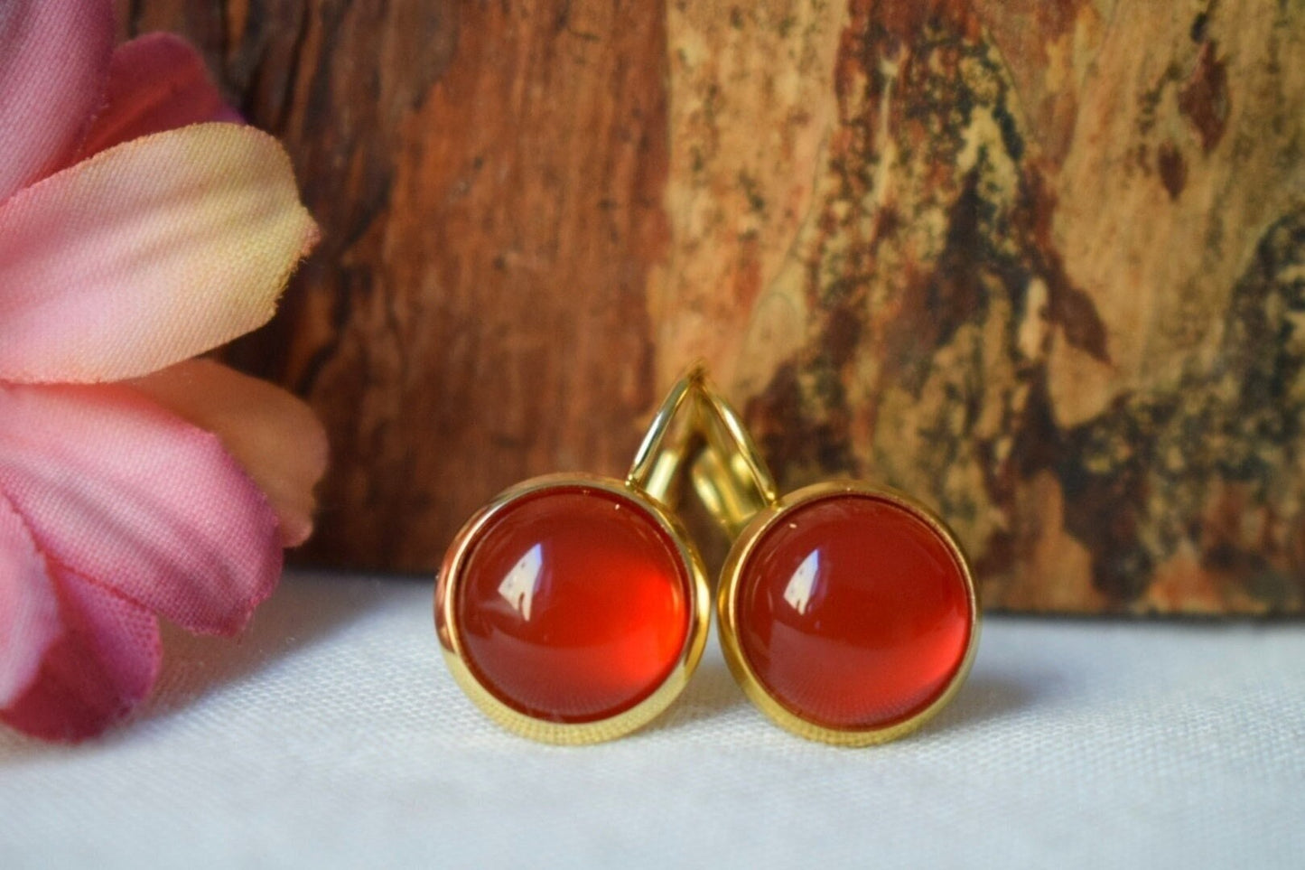 Carnelian earrings, Gemstone dangle earrings, Red orange natural stone, Handmade 18k gold plated jewelry, Valentine's day gift for her