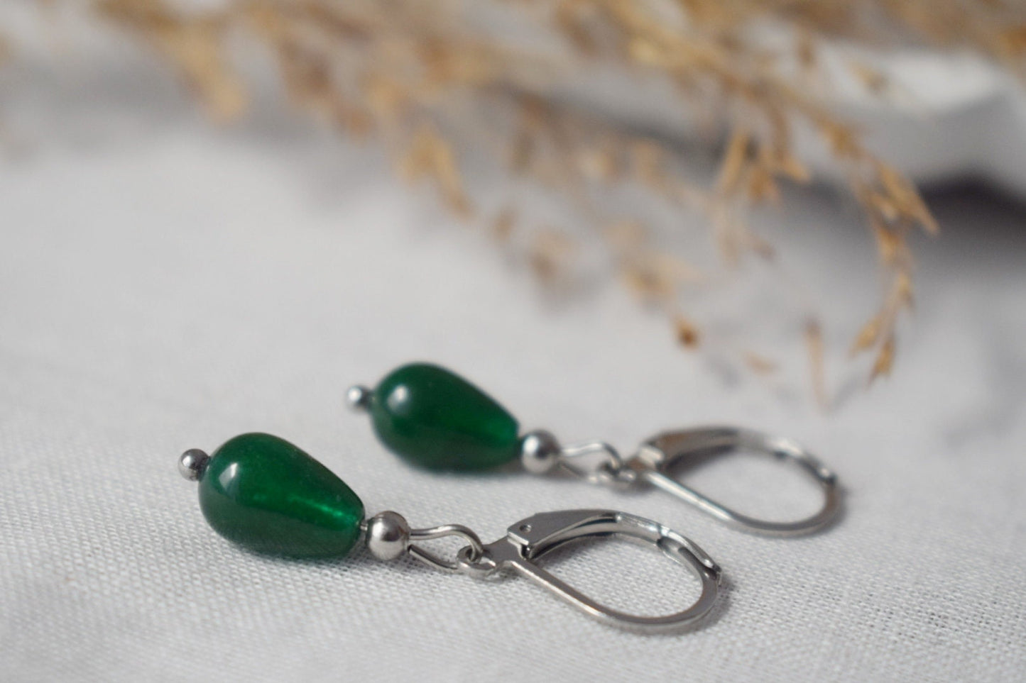 Green jade teardrop earrings silver, Small huggies with drop gemstone, Hoops green stone, Pearl hanging earrings, Lever back, Gift for her