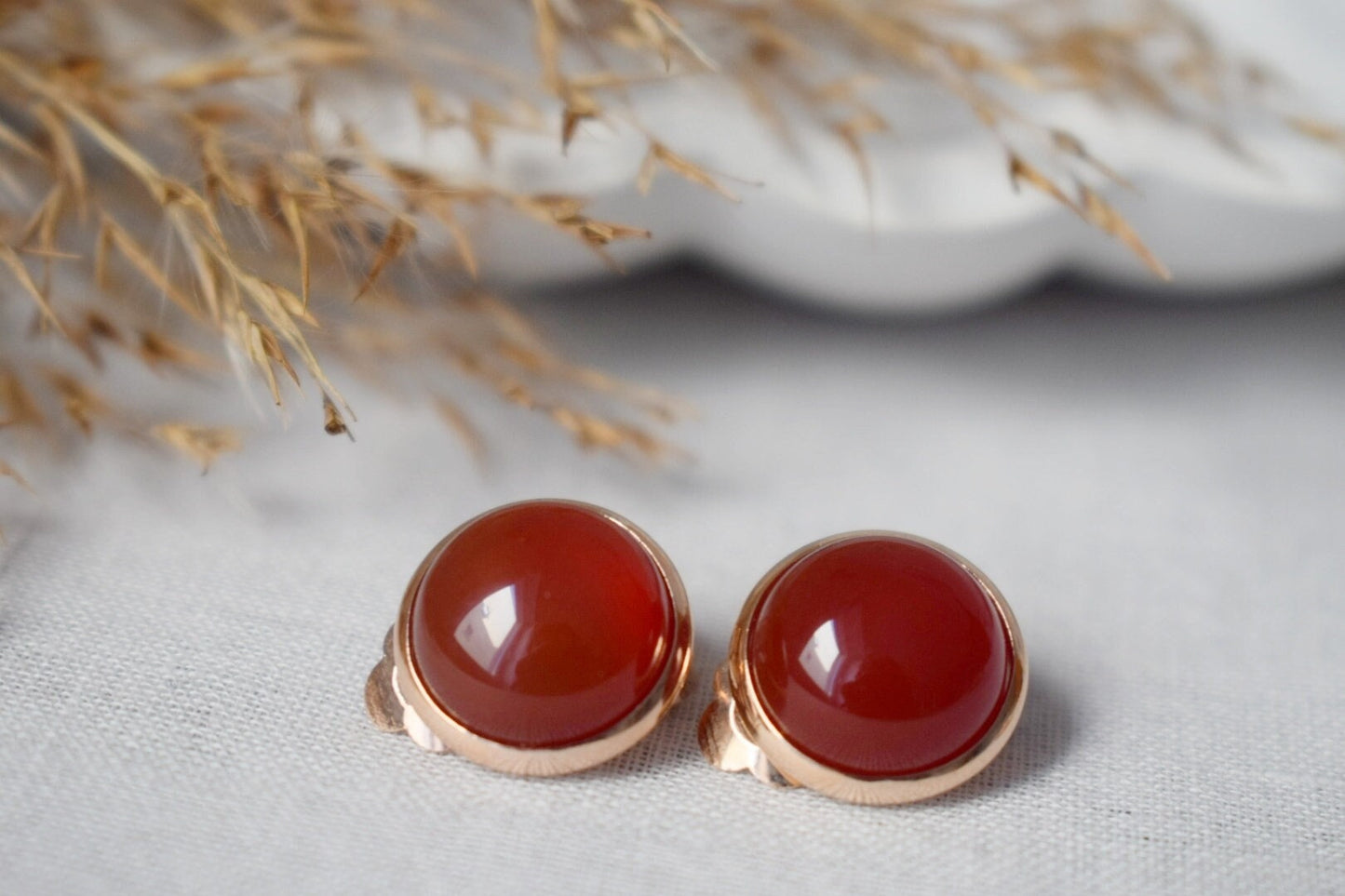 Red agate clip on earrings, Small Rose gold no hole earrings, Gemstone non pierced earrings women, Minimalist Bridesmaid Jewelry Gift