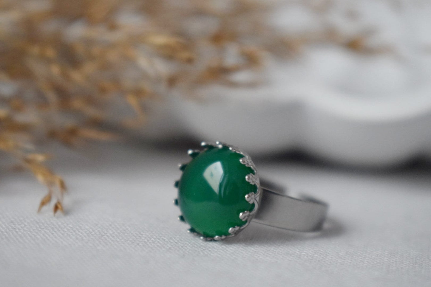 Crown Green Agate Ring, Gemstone Adjustable Ring, Everyday Round Stone Ring, Unique Jewelry, Gift for Her