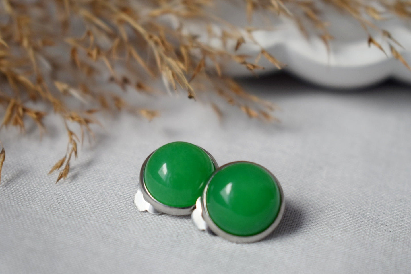Green jade clip on earrings, 10mm Gemstone ear clips, Surgical stainless steel, Round no hole earrings, Non pierced earrings, Jewelry gift