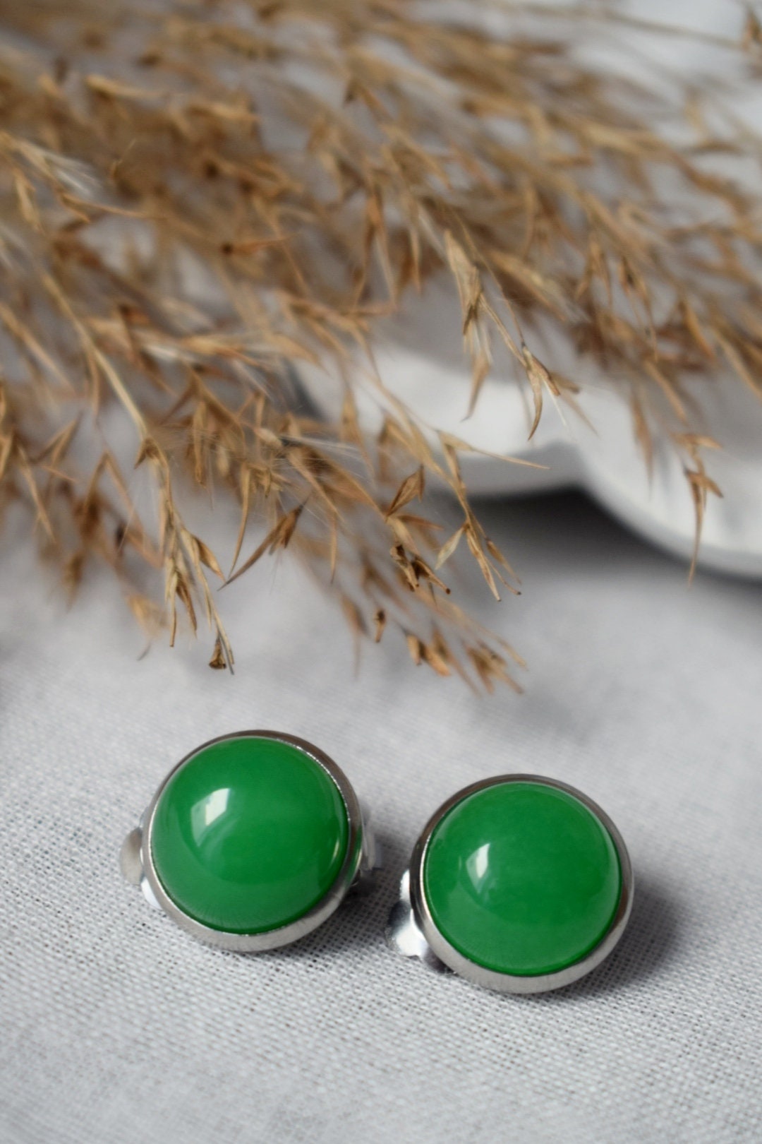 Green jade clip on earrings, 10mm Gemstone ear clips, Surgical stainless steel, Round no hole earrings, Non pierced earrings, Jewelry gift