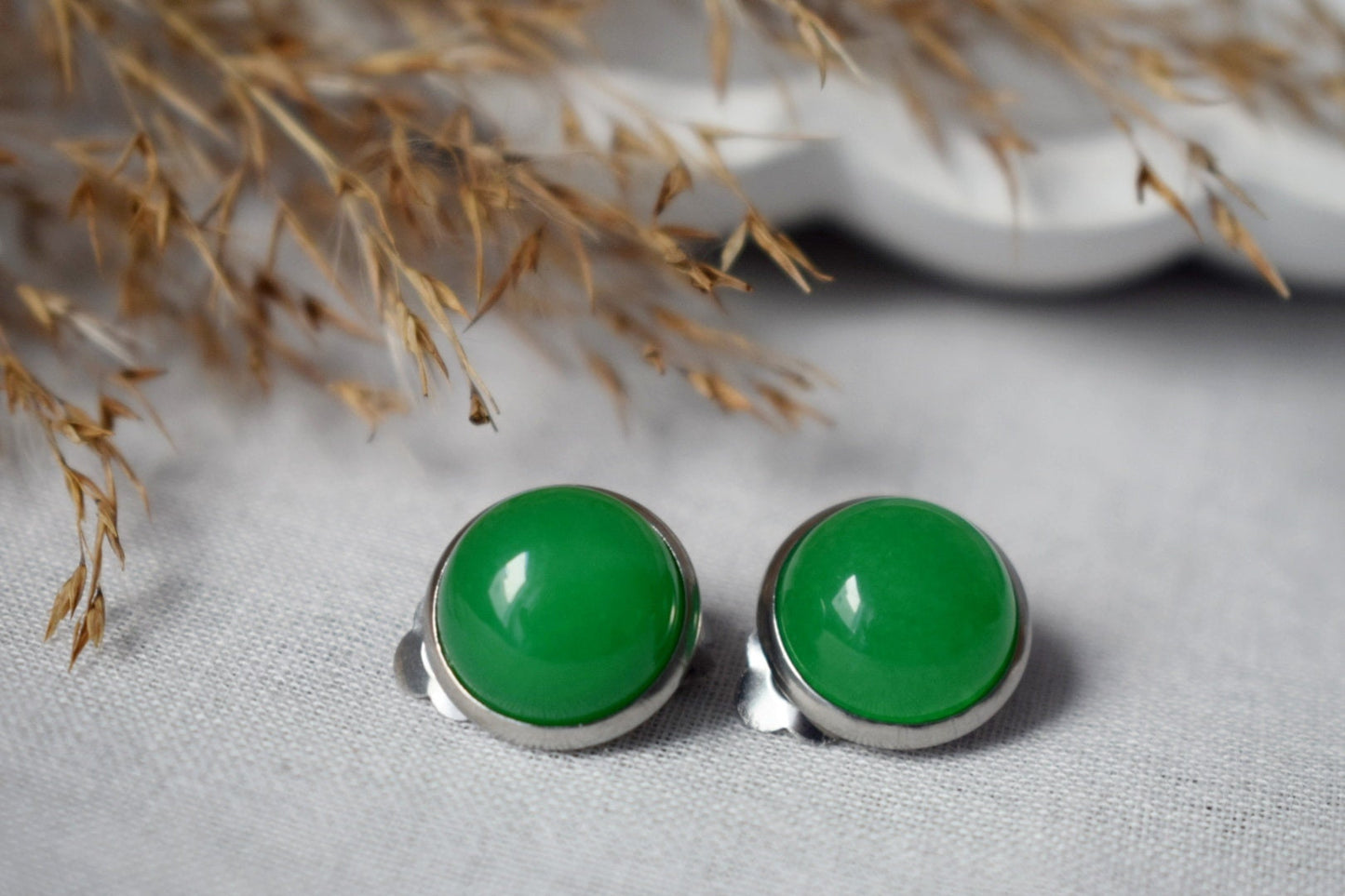 Green jade clip on earrings, 10mm Gemstone ear clips, Surgical stainless steel, Round no hole earrings, Non pierced earrings, Jewelry gift