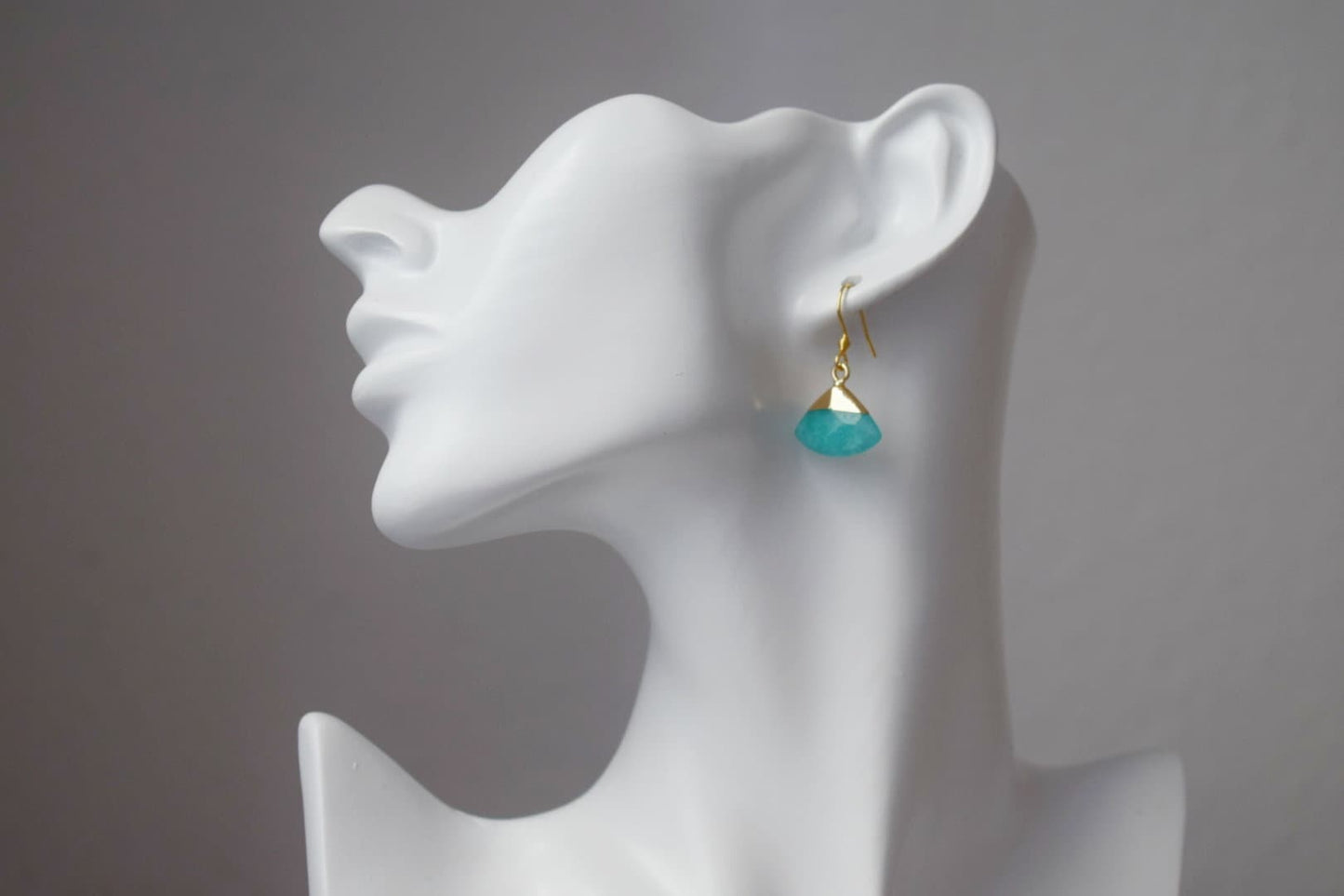 Aquamarine jade earrings, Fan gemstone pendant, Gold plated stainless steel earrings hooks, Unique jewelry gift, Best christmas gift
