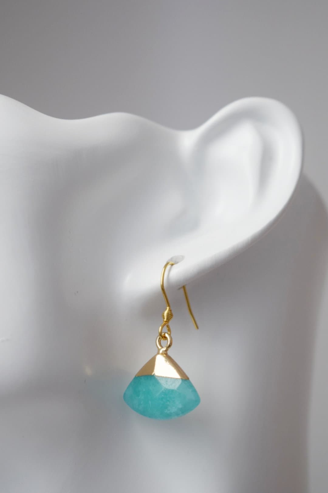Aquamarine jade earrings, Fan gemstone pendant, Gold plated stainless steel earrings hooks, Unique jewelry gift, Best christmas gift