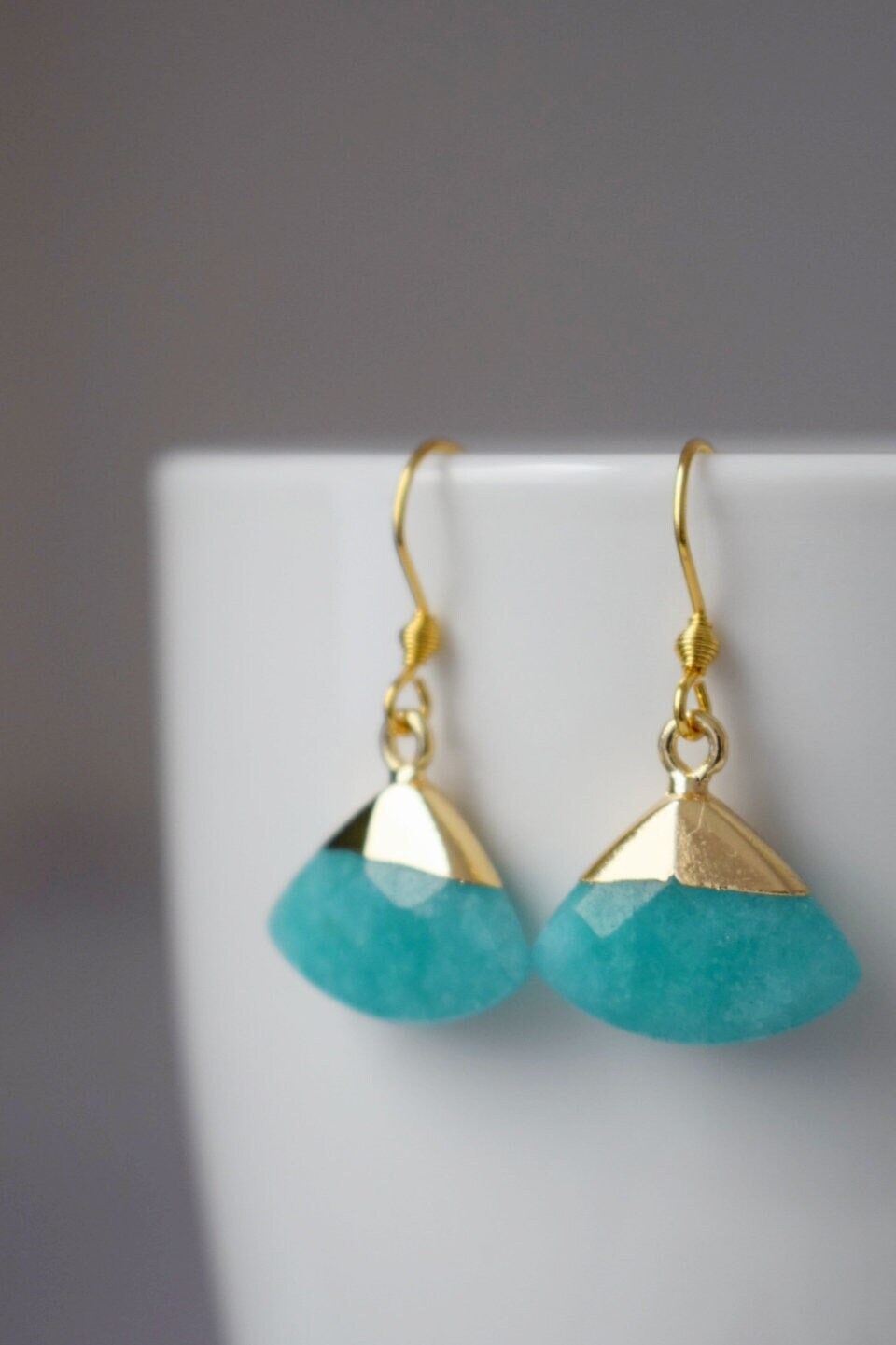 Aquamarine jade earrings, Fan gemstone pendant, Gold plated stainless steel earrings hooks, Unique jewelry gift, Best christmas gift