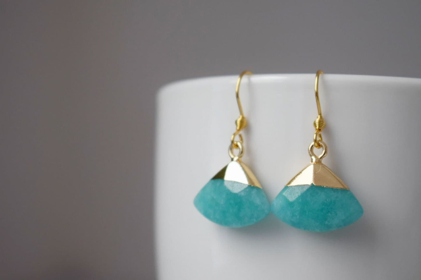Aquamarine jade earrings, Fan gemstone pendant, Gold plated stainless steel earrings hooks, Unique jewelry gift, Best christmas gift
