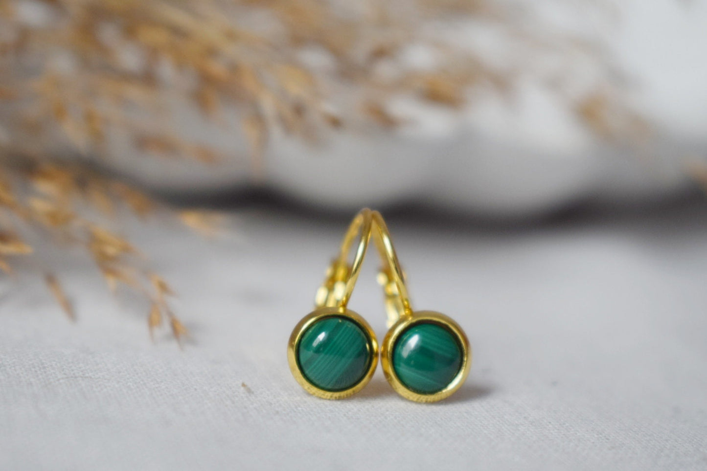 Natural Malachite Earrings Gold, 10mm Dangle Earrings, Small, Minimalist, Green Gemstone, Lever back, Malachite Jewelry, Birthstone Earrings