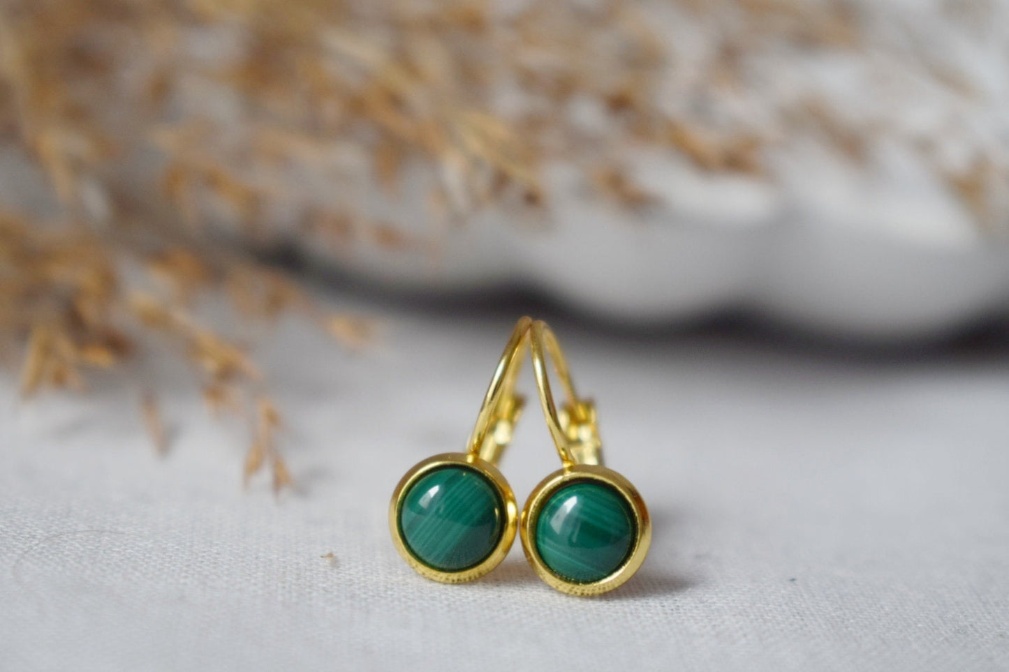 Natural Malachite Earrings Gold, 10mm Dangle Earrings, Small, Minimalist, Green Gemstone, Lever back, Malachite Jewelry, Birthstone Earrings