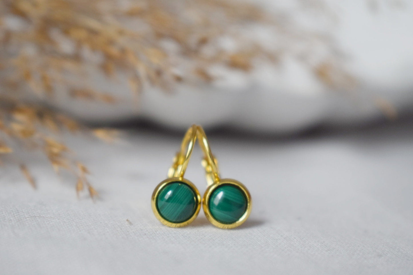 Natural Malachite Earrings Gold, 10mm Dangle Earrings, Small, Minimalist, Green Gemstone, Lever back, Malachite Jewelry, Birthstone Earrings