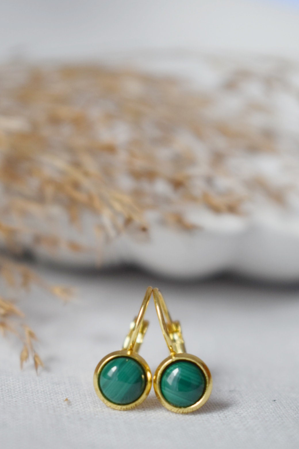 Natural Malachite Earrings Gold, 10mm Dangle Earrings, Small, Minimalist, Green Gemstone, Lever back, Malachite Jewelry, Birthstone Earrings