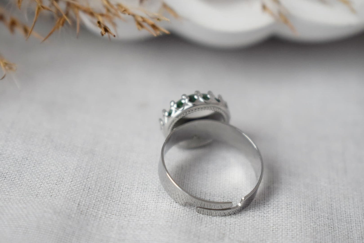 Crown Green Agate Ring, Gemstone Adjustable Ring, Everyday Round Stone Ring, Unique Jewelry, Gift for Her