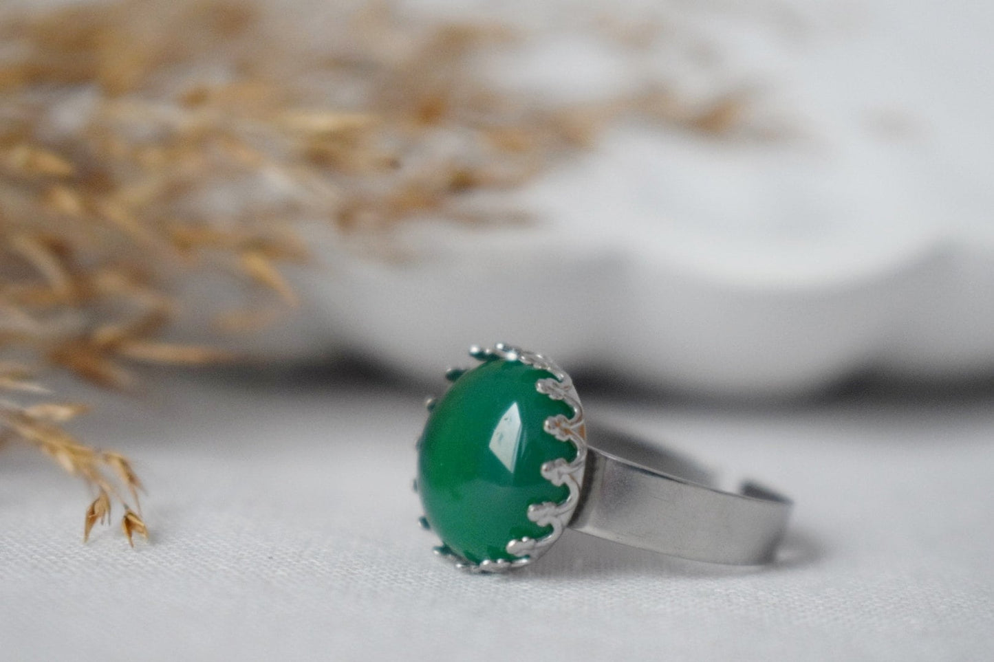 Crown Green Agate Ring, Gemstone Adjustable Ring, Everyday Round Stone Ring, Unique Jewelry, Gift for Her