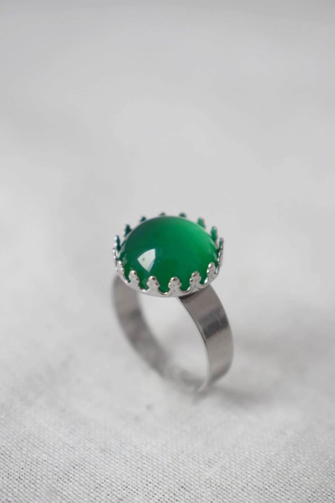 Crown Green Agate Ring, Gemstone Adjustable Ring, Everyday Round Stone Ring, Unique Jewelry, Gift for Her