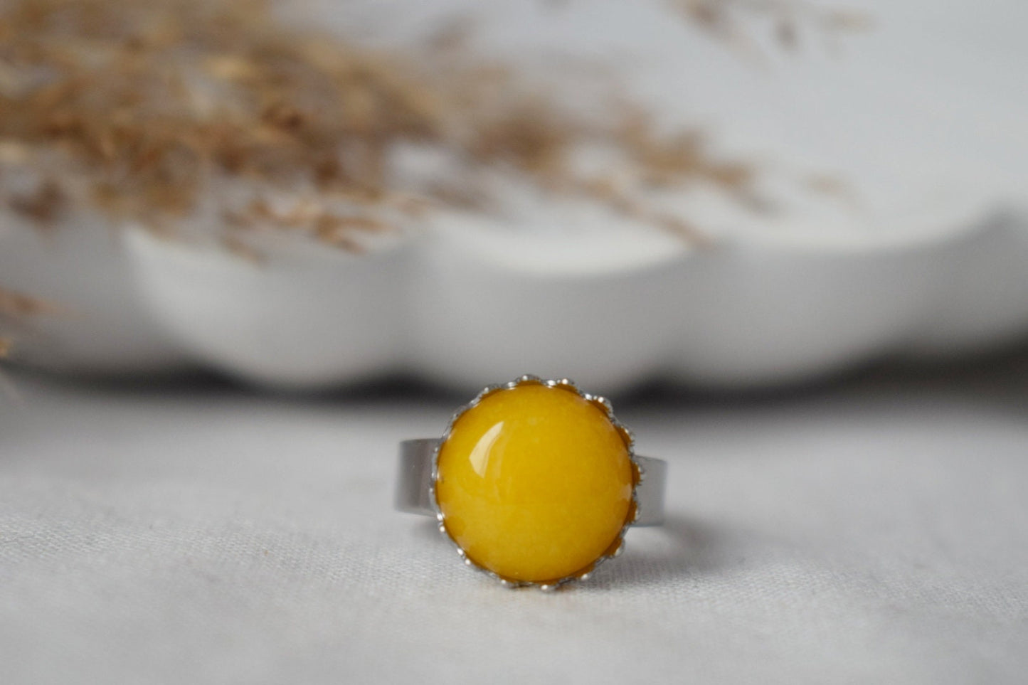 Yellow jade ring, Crown ring, Gemstone, Statement ring, Everyday yellow round ring, Adjustable stone ring, Yellow Jade jewelry, Gift for her
