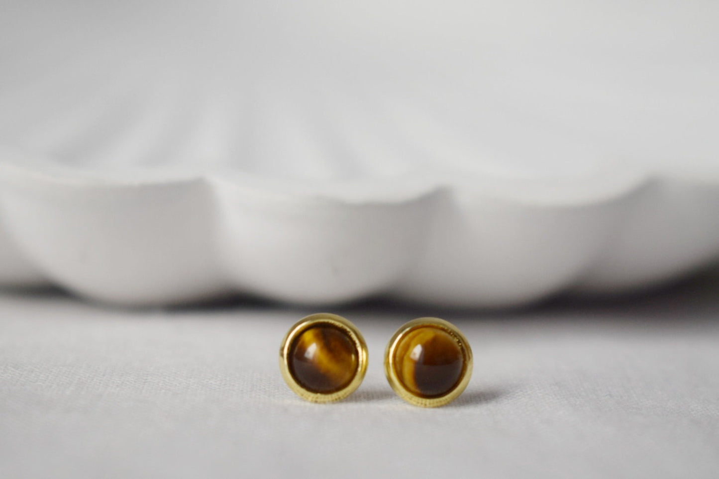 Mini Tiger Eye Stud Earrings, 18k Gold Plated Gemstone 6mm Stud Earrings, Small Brown Stone, Minimalist Tigers Eye Chakra Jewelry, Gift Her