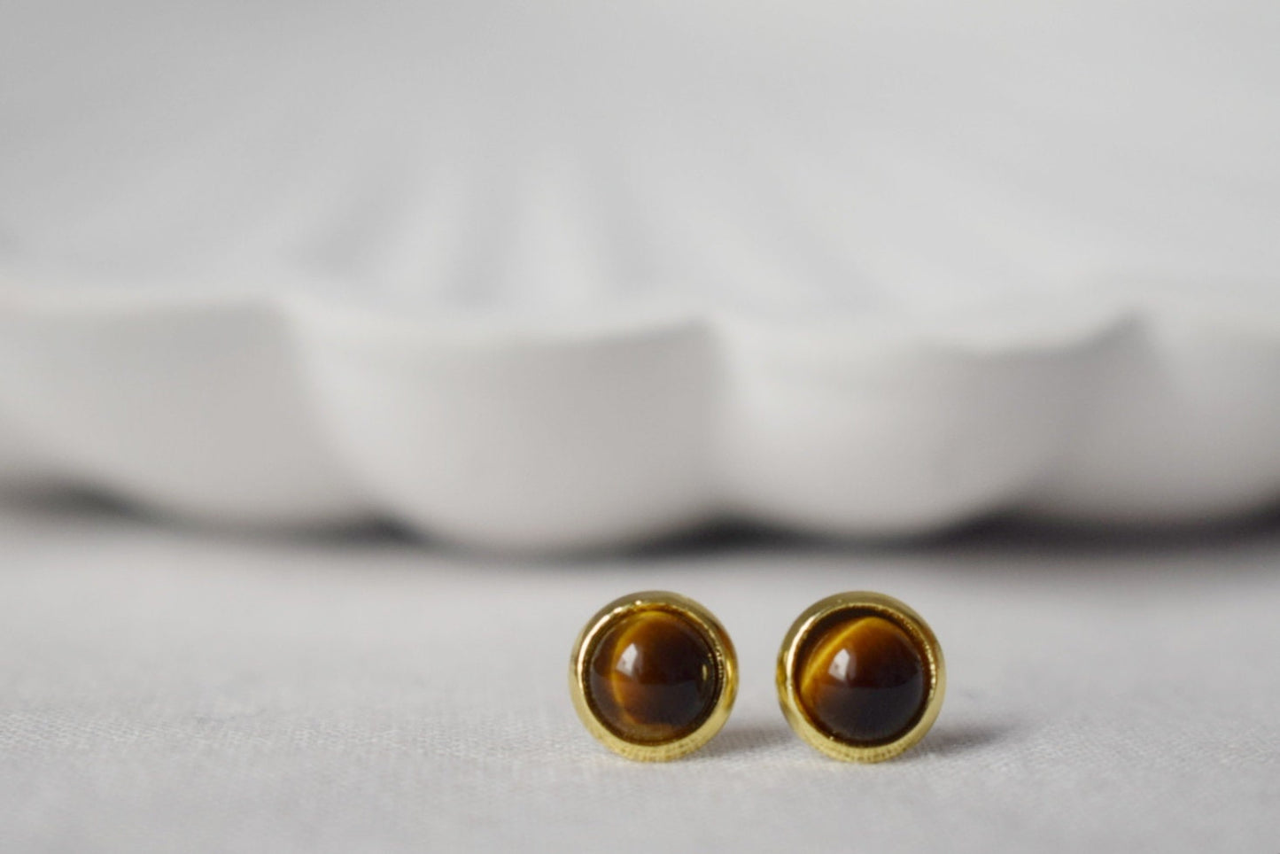 Mini Tiger Eye Stud Earrings, 18k Gold Plated Gemstone 6mm Stud Earrings, Small Brown Stone, Minimalist Tigers Eye Chakra Jewelry, Gift Her