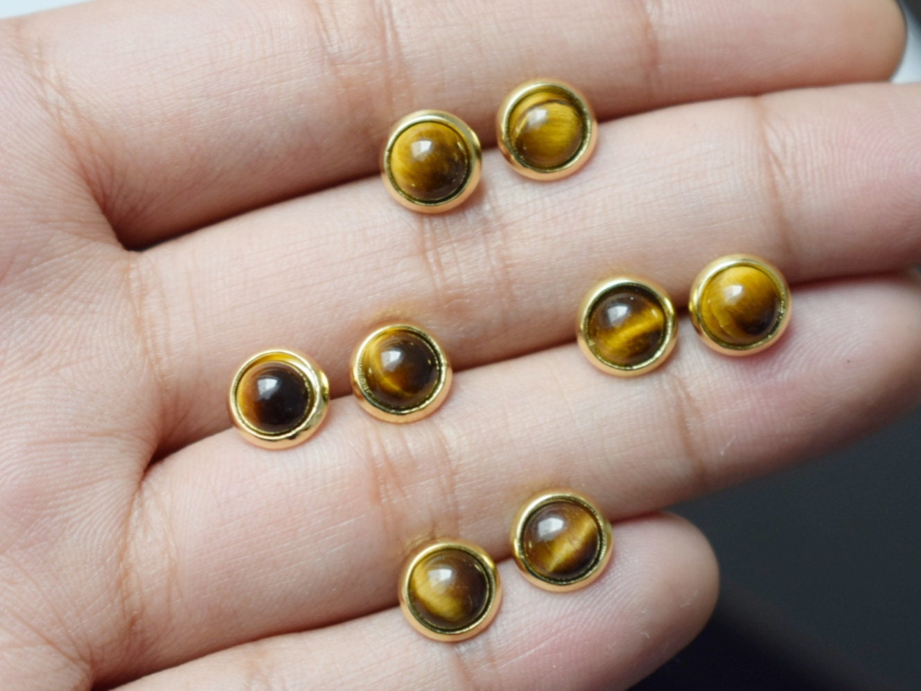 Mini Tiger Eye Stud Earrings, 18k Gold Plated Gemstone 6mm Stud Earrings, Small Brown Stone, Minimalist Tigers Eye Chakra Jewelry, Gift Her