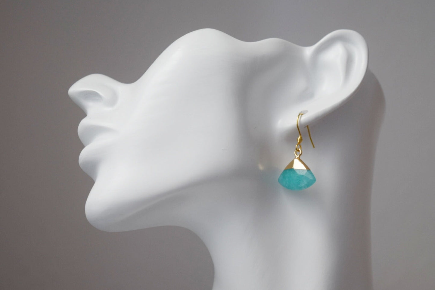 Aquamarine jade earrings, Fan gemstone pendant, Gold plated stainless steel earrings hooks, Unique jewelry gift, Best christmas gift