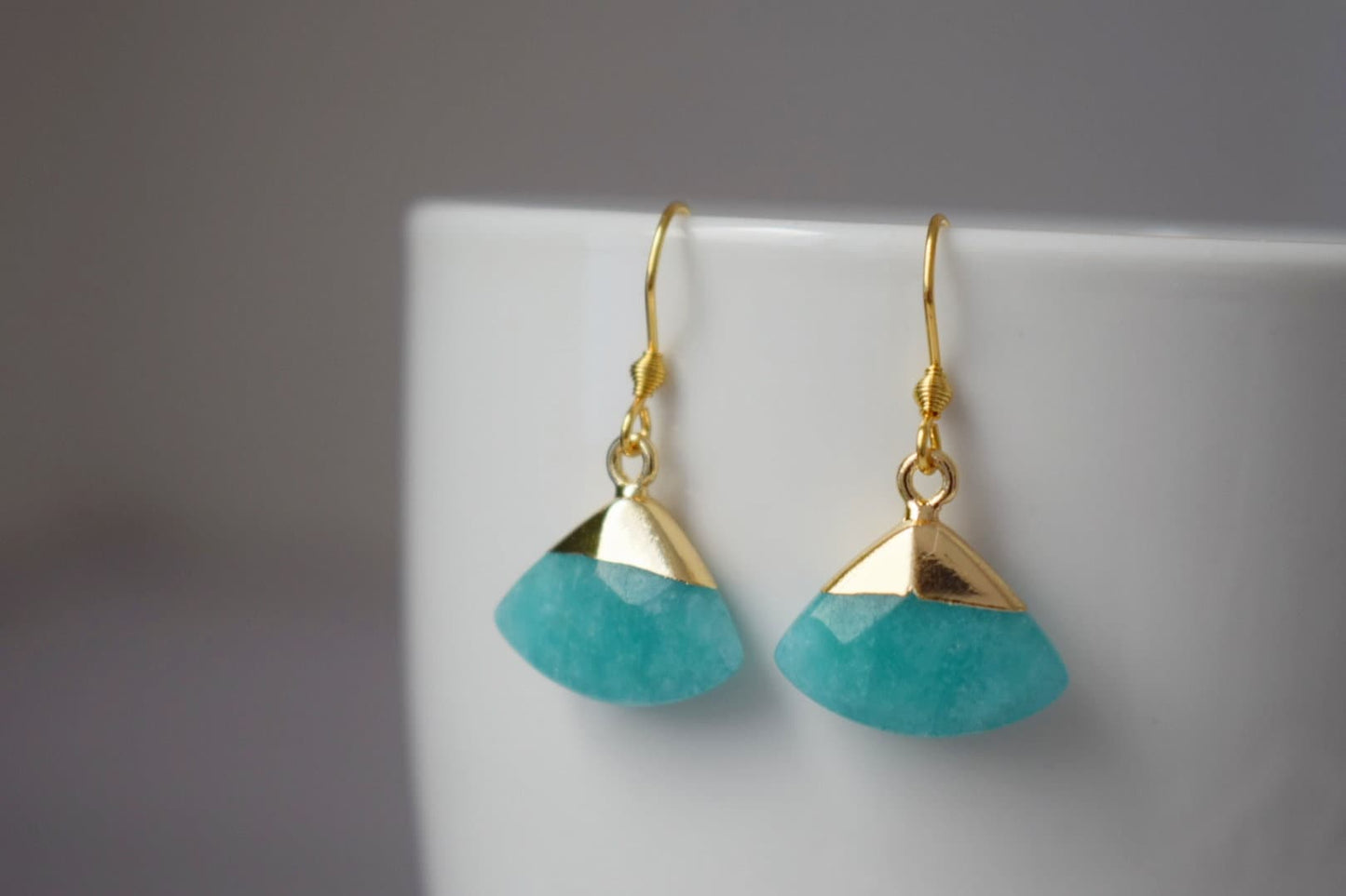 Aquamarine jade earrings, Fan gemstone pendant, Gold plated stainless steel earrings hooks, Unique jewelry gift, Best christmas gift