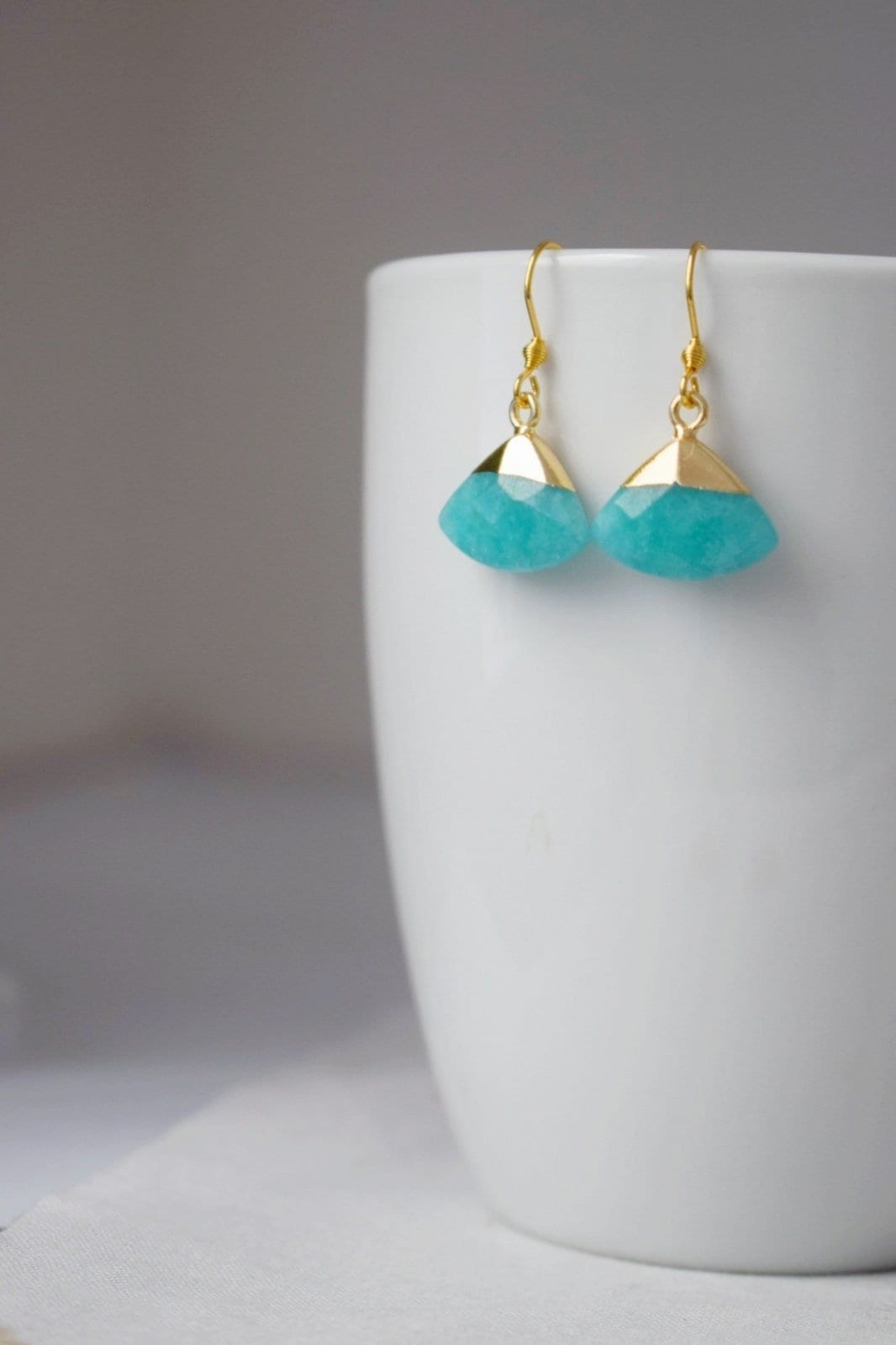 Aquamarine jade earrings, Fan gemstone pendant, Gold plated stainless steel earrings hooks, Unique jewelry gift, Best christmas gift