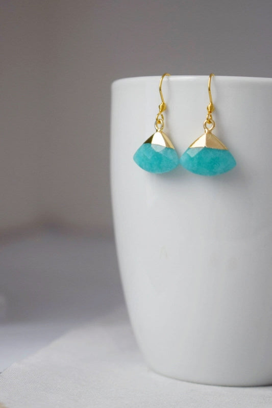 Aquamarine jade earrings, Fan gemstone pendant, Gold plated stainless steel earrings hooks, Unique jewelry gift, Best christmas gift