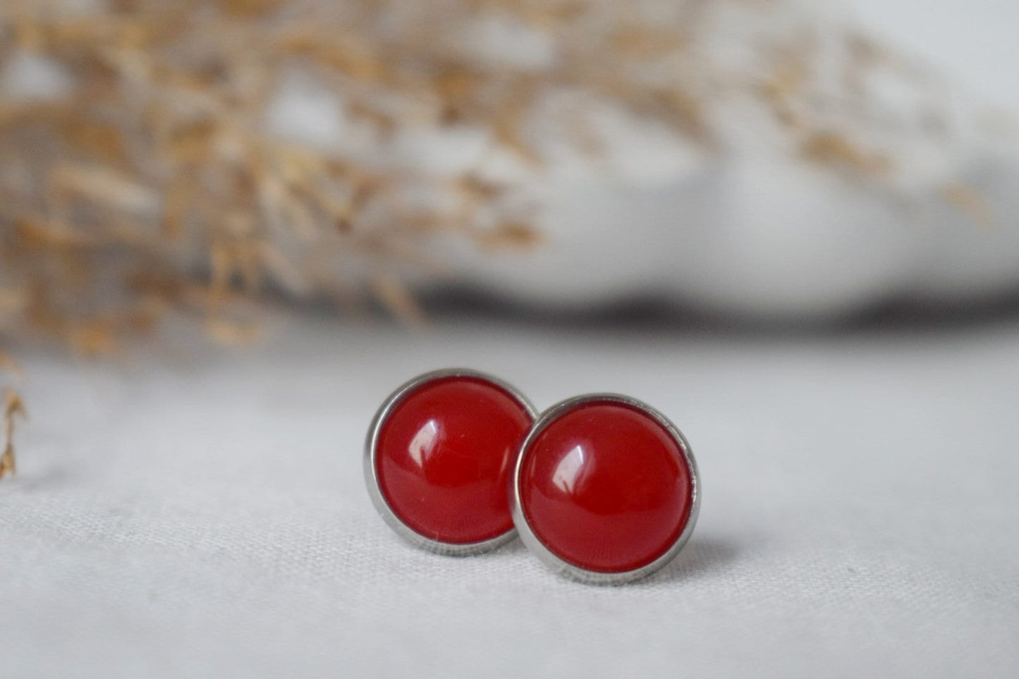 Red jade stud earrings, Small gemstone earrings, 10mm Red stone earrings, Round studs, Jade jewelry, Push-back, Gift for her