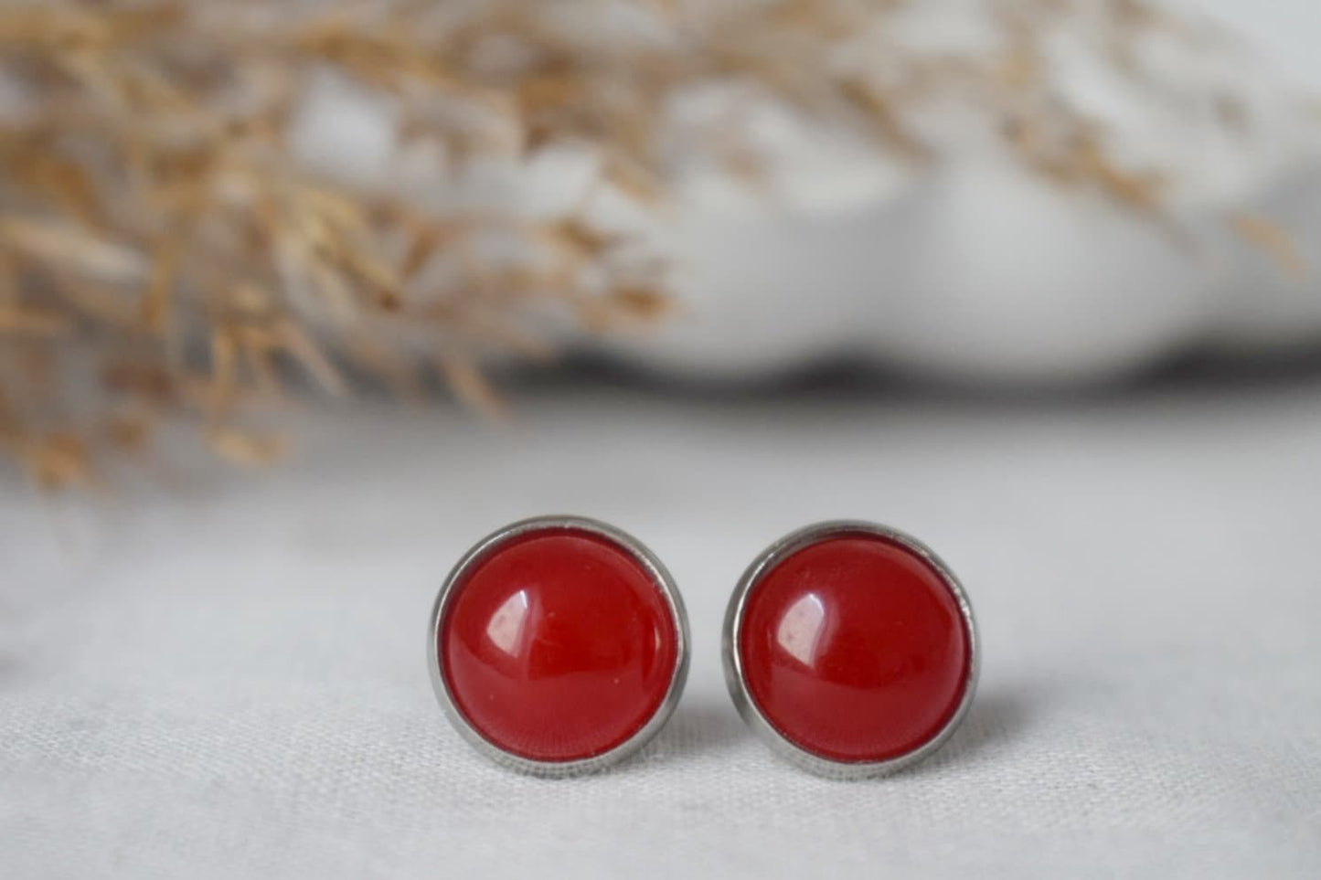 Red jade stud earrings, Small gemstone earrings, 10mm Red stone earrings, Round studs, Jade jewelry, Push-back, Gift for her
