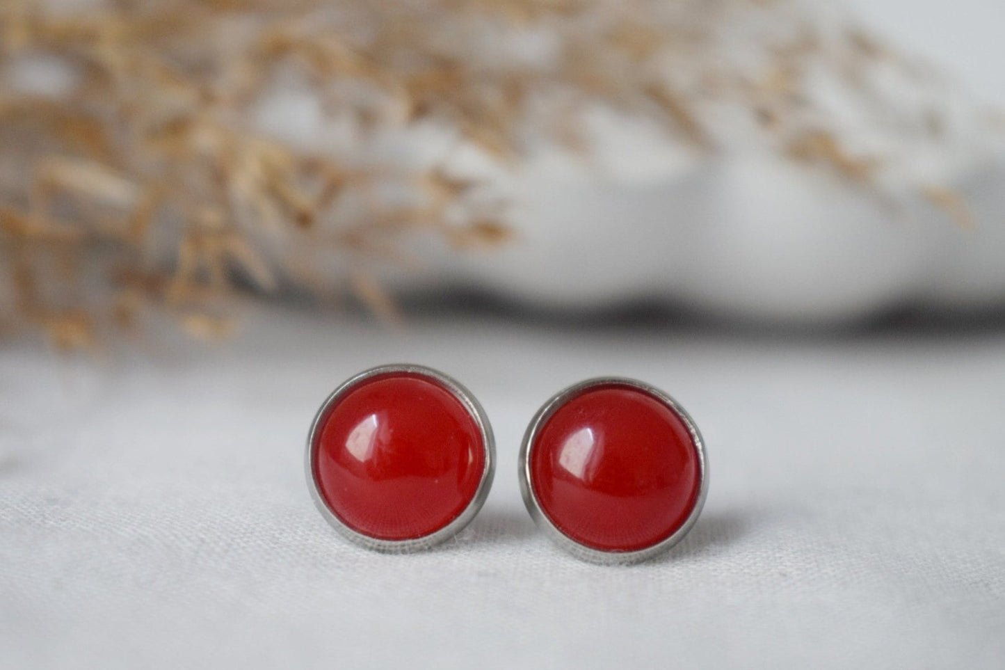Red jade stud earrings, Small gemstone earrings, 10mm Red stone earrings, Round studs, Jade jewelry, Push-back, Gift for her