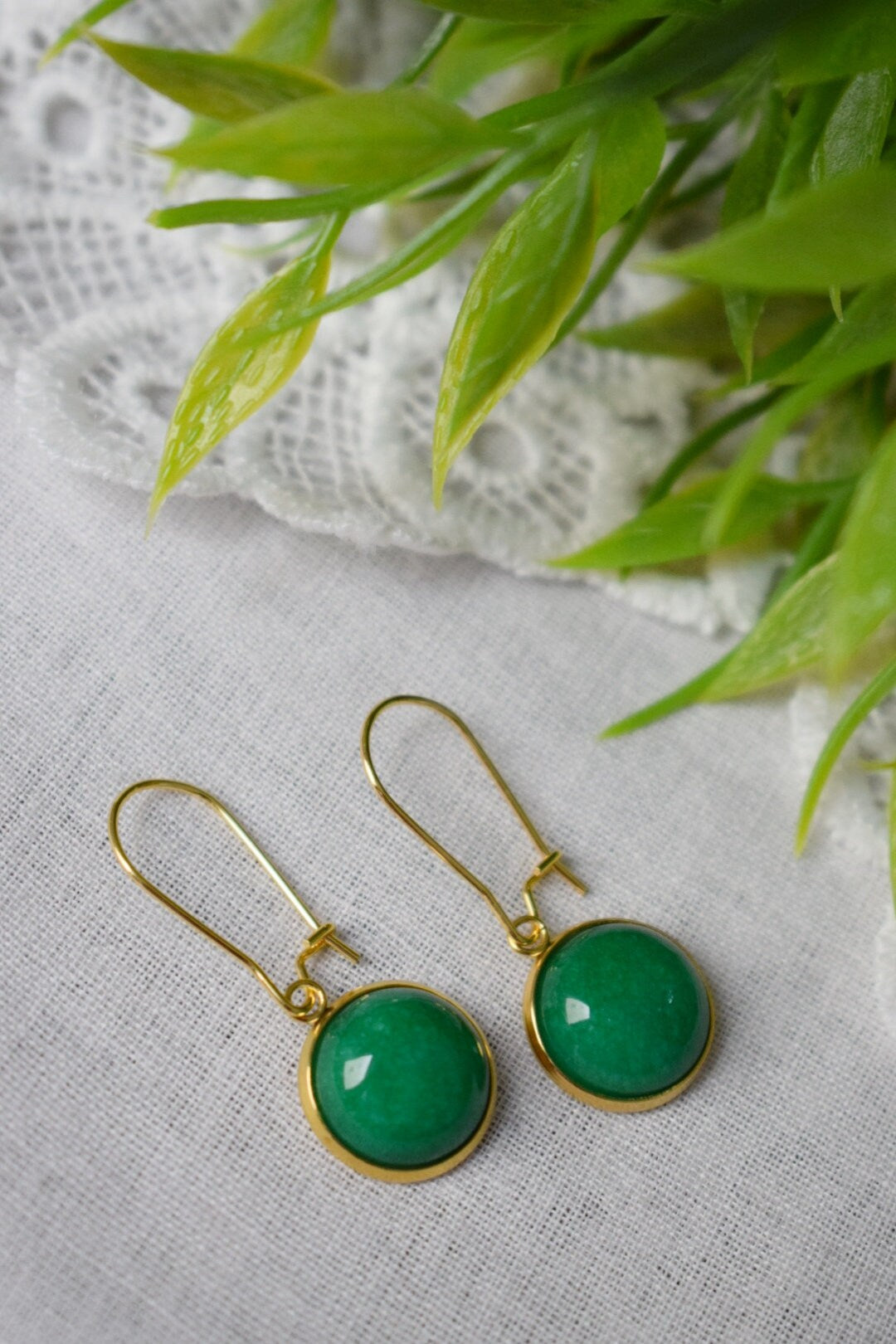 Gold hoop green jade earrings, Green gemstone pendant huggie earrings, Lever back, Green stone hoop earrings, Jade jewelry, Gift women