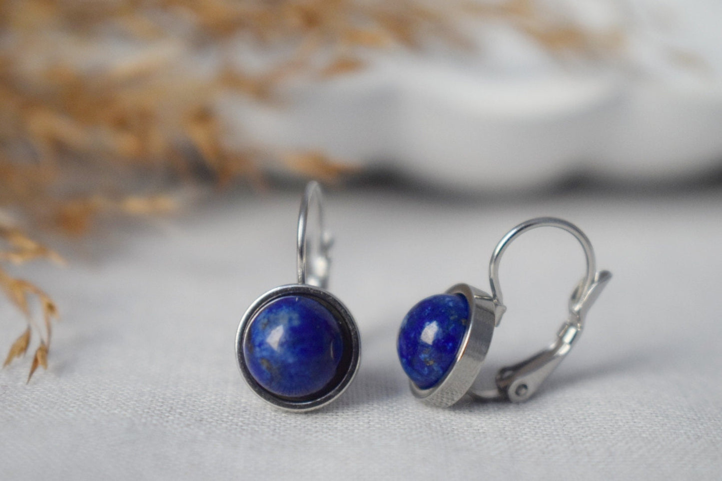 Small Lapis Lazuli Earrings Dangle, Blue Gemstone Earrings, 10mm Lever back earrings, Round Stone, September Birthstone Jewelry, Gift