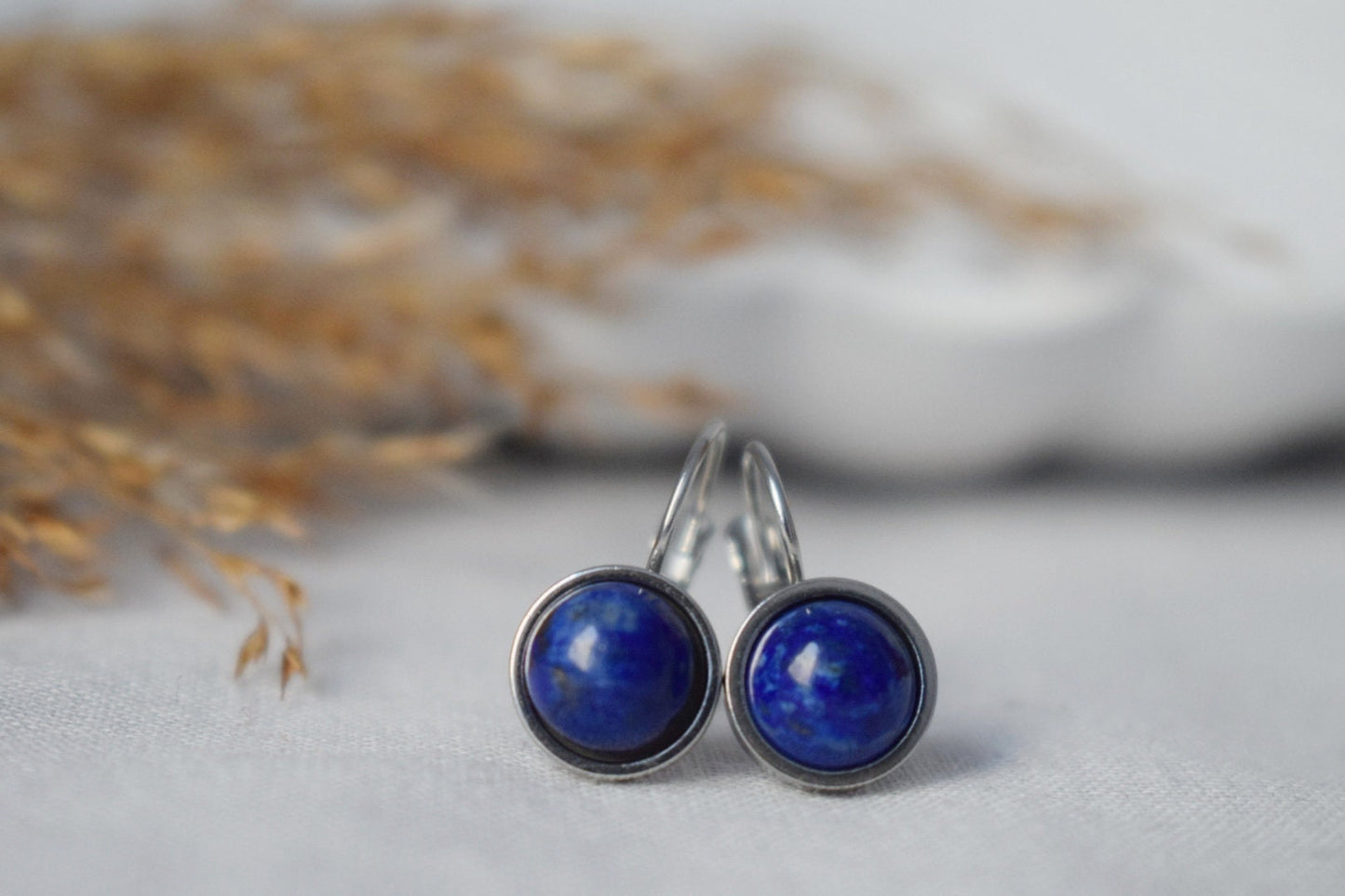 Small Lapis Lazuli Earrings Dangle, Blue Gemstone Earrings, 10mm Lever back earrings, Round Stone, September Birthstone Jewelry, Gift