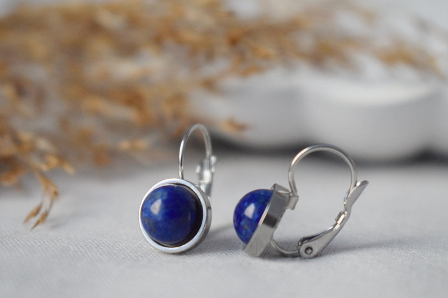 Small Lapis Lazuli Earrings Dangle, Blue Gemstone Earrings, 10mm Lever back earrings, Round Stone, September Birthstone Jewelry, Gift