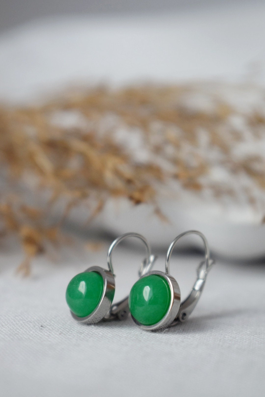 Green Jade Earrings, Small Gemstone Earrings, Positive Jewelry, 10mm, Green Dangle Drop Earrings, Leverback Earrings, Gifts For Women