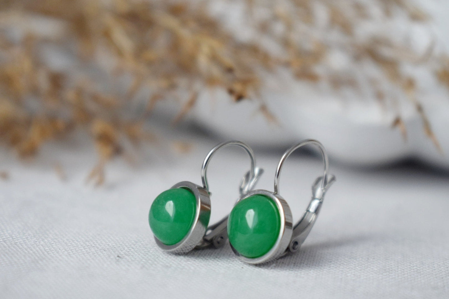 Green Jade Earrings, Small Gemstone Earrings, Positive Jewelry, 10mm, Green Dangle Drop Earrings, Leverback Earrings, Gifts For Women