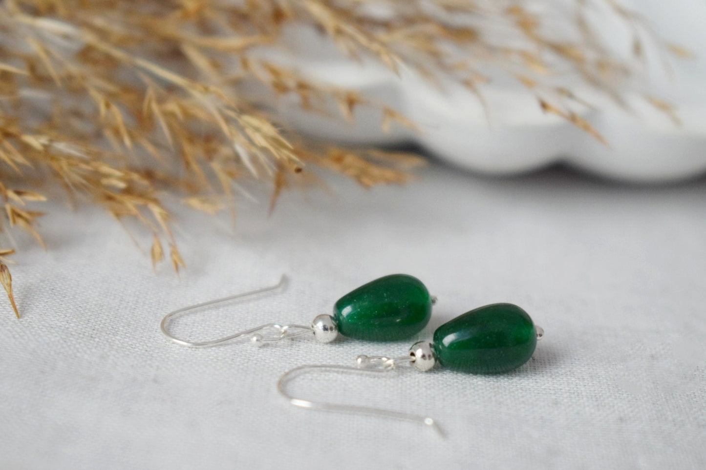 Green Jade Earrings in Sterling Silver, Small Green Drop Earrings, Minimalist Green Dangle Earrings for Everyday Wear, Jewelry Gift for her