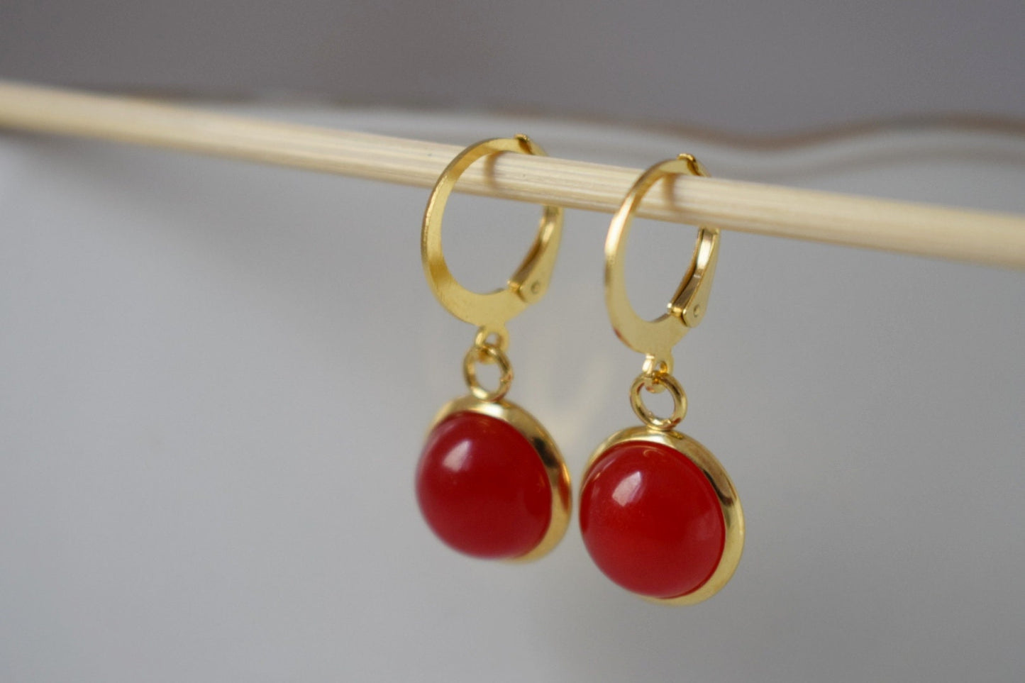 Red jade earrings, Small gemstone pendant huggie earrings, Lever back, 10mm, Red stone hoop earrings, Red, Jade jewelry, Gift for women