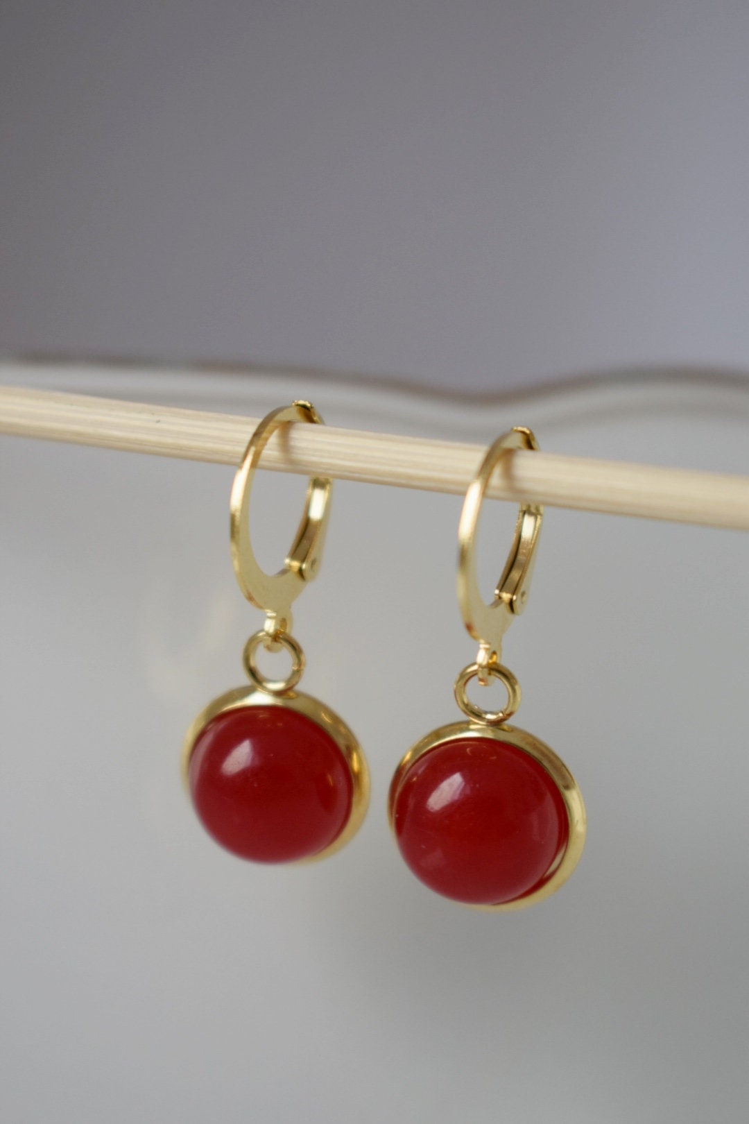 Red jade earrings, Small gemstone pendant huggie earrings, Lever back, 10mm, Red stone hoop earrings, Red, Jade jewelry, Gift for women