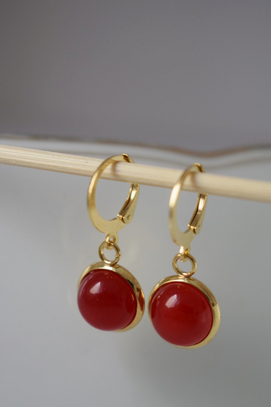 Red jade earrings, Small gemstone pendant huggie earrings, Lever back, 10mm, Red stone hoop earrings, Red, Jade jewelry, Gift for women